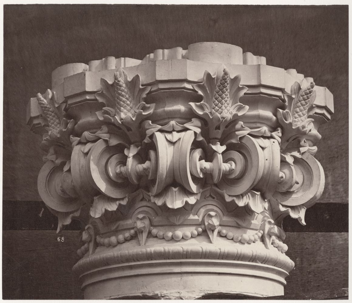 Louis-Emile DURANDELLE (French, 1839-1917) Chapiteau des colonnes supportant la 1re volée du grand escalier, from "Le Nouvel Opéra de Paris, Sculpture Ornementale", 1875 Albumen print from a glass negative 19.9 x 23.3 cm mounted on 44.6 x 63.0 cm paper Inscribed "68" in the negative. Stamped "26" in ink, titled "LE NOUVEL OPÉRA DE PARIS / SCULPTURE ORNEMENTALE" with "DUCHER et Cie, Editeurs. / Durandelle, Photographe." lithographed, on mount.
