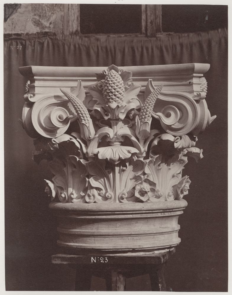Louis-Emile DURANDELLE (French, 1839-1917) Chapiteau des colonnes des baies de la loggia, Façade principale, from "Le Nouvel Opéra de Paris, Sculpture Ornementale", circa 1870 Albumen print from a collodion negative 27.8 x 21.8 cm mounted on 62.9 x 44.6 cm paper Numbered "No 23" in the negative