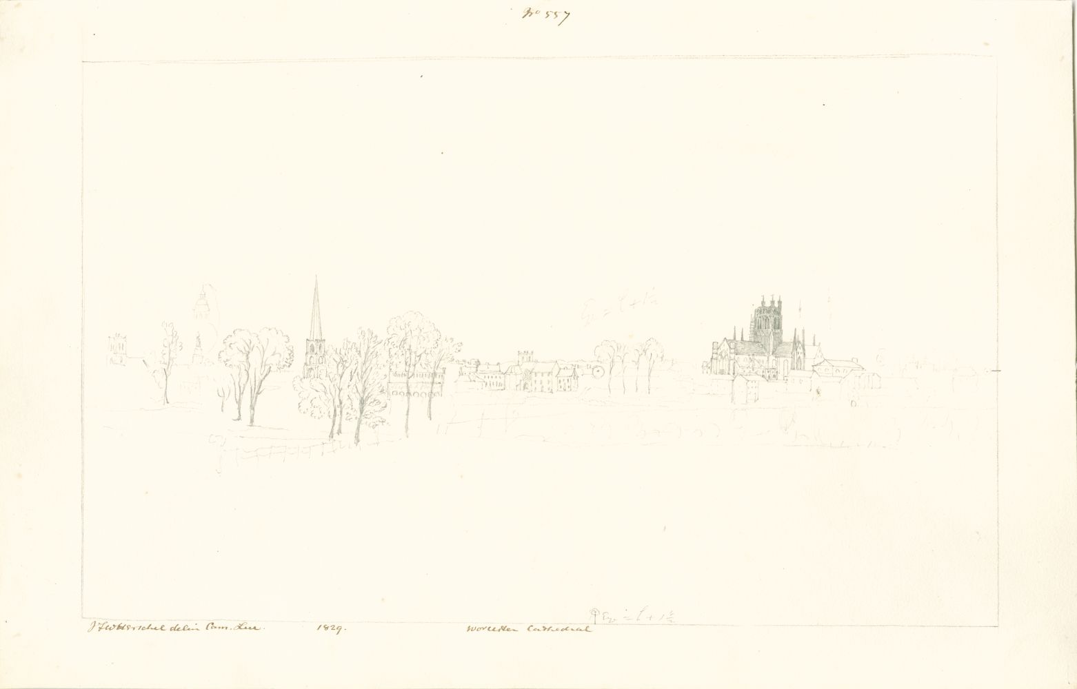 Sir John Frederick William HERSCHEL (English, 1792-1872) "No 557 Worcester Cathedral”, 1829 Camera lucida drawing, pencil on paper 20.2 x 32.2 cm on 24.4 x 38.5 cm paper Watermark “J Whatman Turkey Mill”. Numbered, signed, dated and titled “No 557 / JFW Herschel delin Cam. Luc. / 1829 / Worcester Cathedral” in ink in border. Titled “Worcester” in pencil on verso.