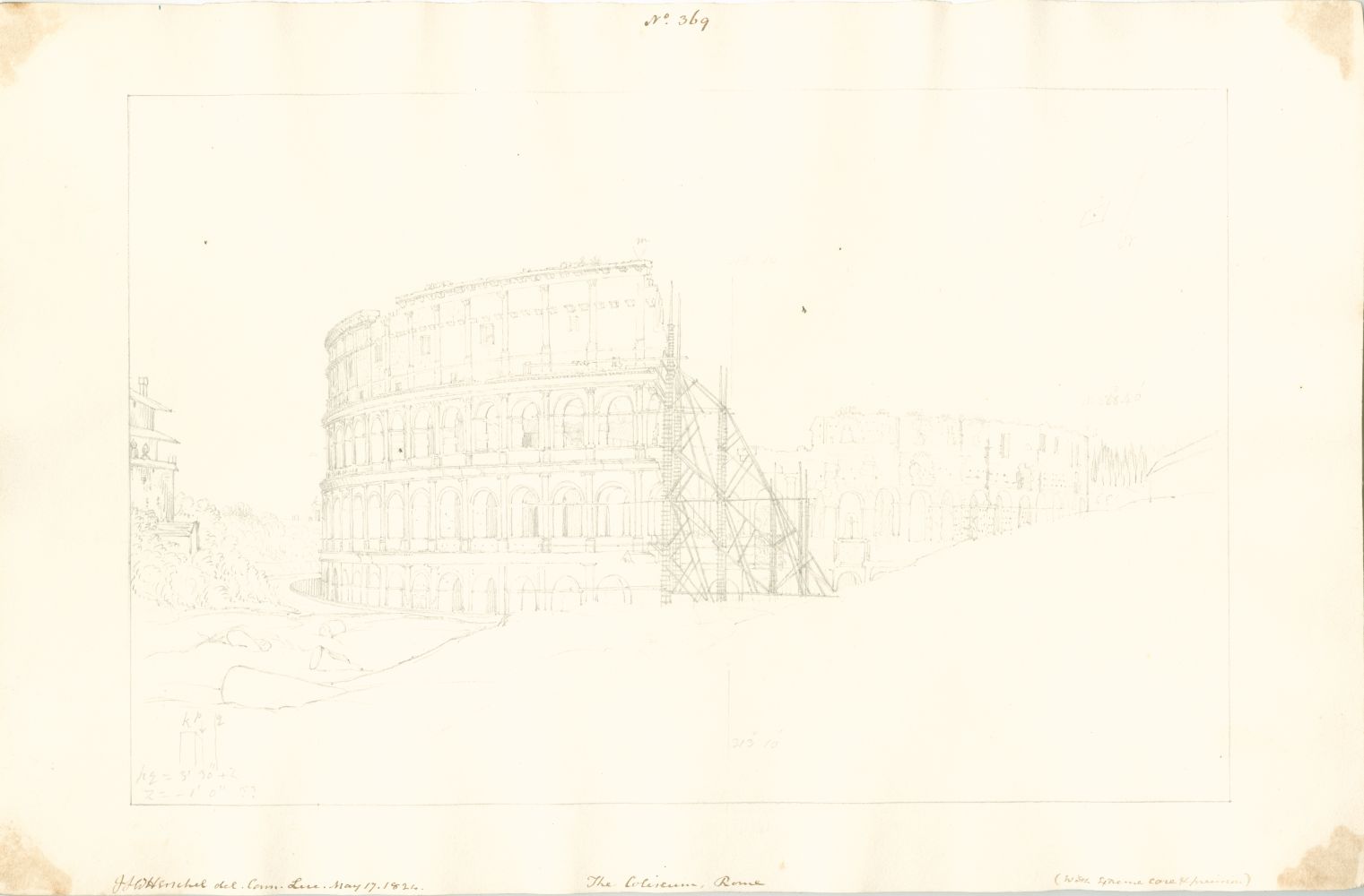 Sir John Frederick William HERSCHEL (English, 1792-1872) "No 369 The Coliseum, Rome (with extreme care & precision).", 17 May 1824 Camera lucida drawing, pencil on paper 20.1 x 30.9 cm on 25.2 x 38.6 cm paper Numbered, signed, dated and titled “No 369 / JFW Herschel del. Cam. Luc. May 17, 1824. / The Coliseum, Rome / (with extreme care & precision).” in ink in border. Inscribed “Coliseum” in pencil on verso Inventory #301377.11
