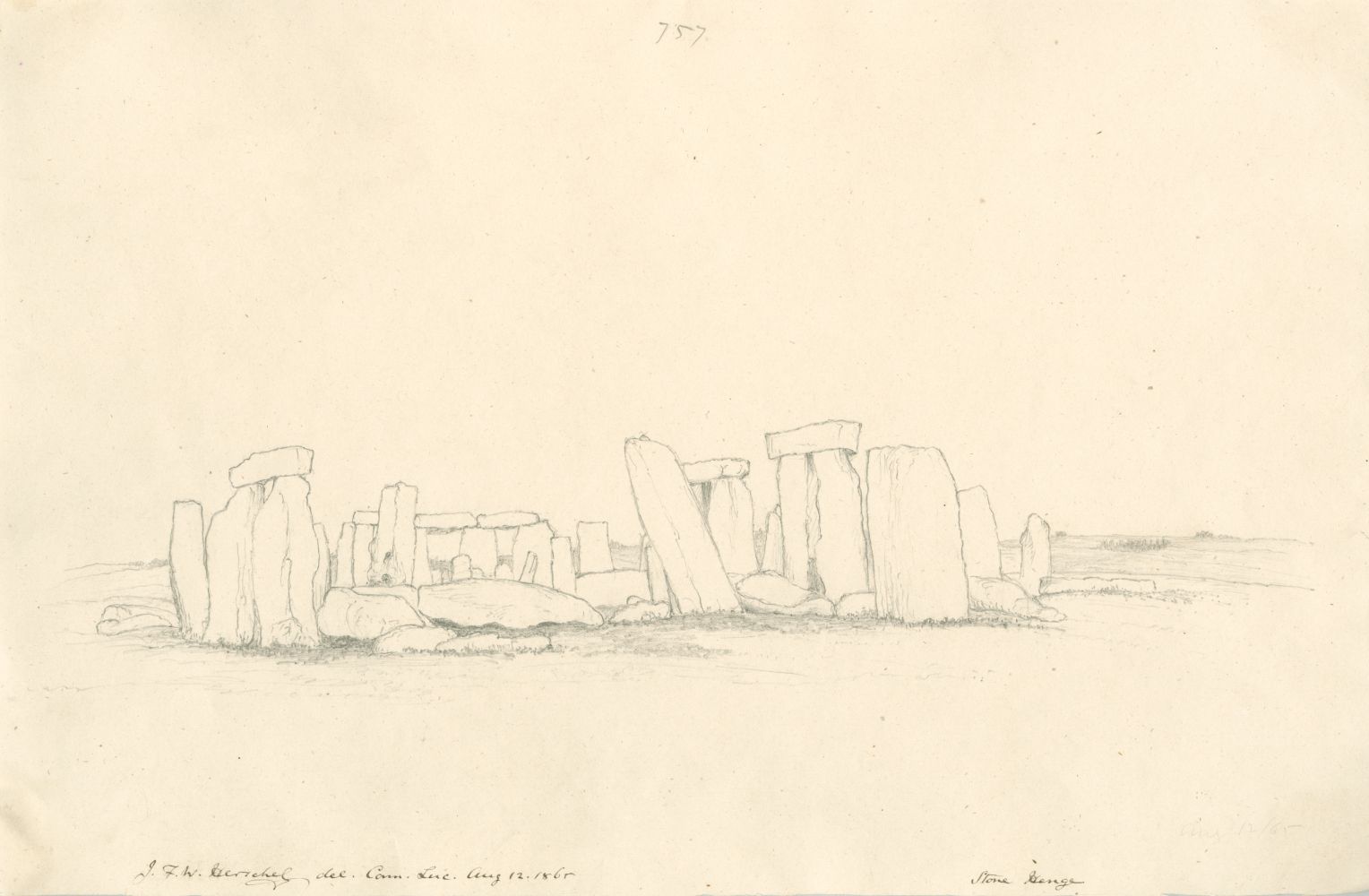 Sir John Frederick William HERSCHEL (English, 1792-1872) "No 757 Stone Henge”, 12 August 1865 Camera lucida drawing, pencil on paper 25.2 x 38.5 cm Numbered, signed, dated and titled “757 / J.F.W. Herschel del Cam. Luc. Aug 12, 1865 / Stone Henge” in ink. Inscribed “Stone Henge / Aug 12, 1865” in pencil on verso