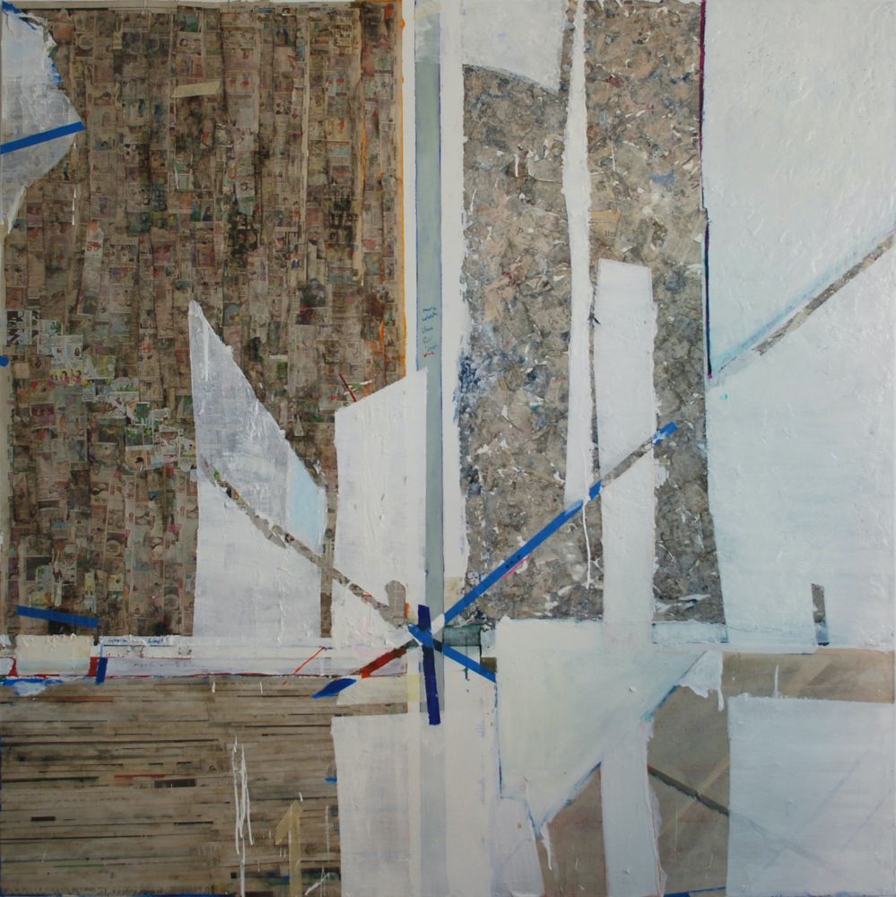 TANYA GOEL Line IV, 2010 Oil, New Haven Register newspaper, tape and acrylic on canvas