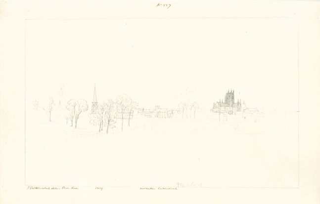 Sir John Frederick William HERSCHEL (English, 1792-1872) "No 557 Worcester Cathedral”, 1829 Camera lucida drawing, pencil on paper 20.2 x 32.2 cm on 24.4 x 38.5 cm paper Watermark “J Whatman Turkey Mill”. Numbered, signed, dated and titled “No 557 / JFW Herschel delin Cam. Luc. / 1829 / Worcester Cathedral” in ink in border. Titled “Worcester” in pencil on verso.