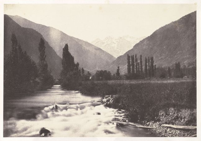 Joseph vicomte VIGIER (French, 1821-1894) "Bagnères de Luchon. La Vallée de Luchon prise de la promenade de la Pique. au 1er plan coule la Pique; au second à gauche est la montagne de Saint Mamet, Derrière celle de Guardera; à droite, Derrière la tour de Castelvieih, la forêt du même nom : au dernier plan les glaciers de Vénasque.", 1853 Salt print from a paper negative 24.8 x 36.0 cm
