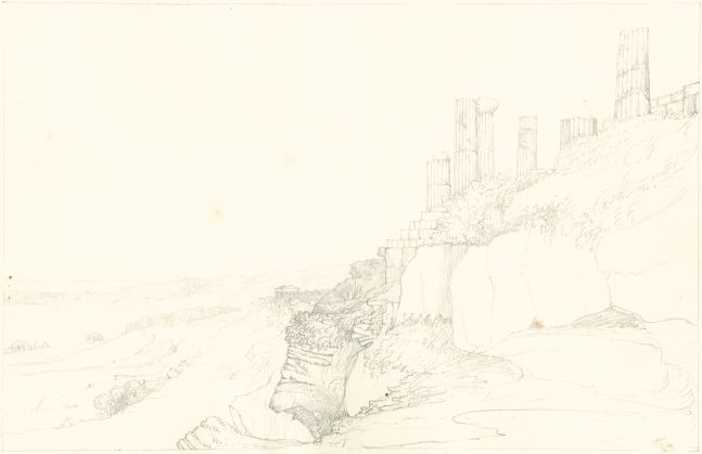 Sir John Frederick William Herschel (English, 1792-1872) "No 391 View from below the Temple of Juno, Girgenti Sicily. Temple of Concord in the distance”, 27 June 1824 Camera lucida drawing, pencil on paper 20.0 x 31.0 cm on 25.1 x 38.4 cm paper