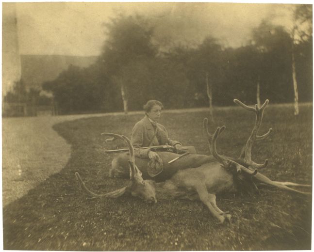 Captain Horatio ROSS (Scottish, 1801-1886) "Ned & his two Stags. Killed right & left in Corne Valigan...", July 1857 Salt print from a collodion negative 18.7 x 23.3 cm mounted on 26.0 x 33.5 cm album page Titled and dated in pencil on mount
