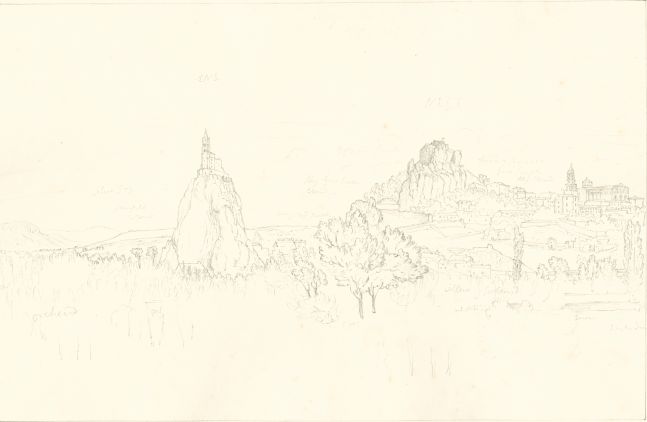 Sir John Frederick William HERSCHEL (English, 1792-1872) "No 495 Le Puy. From across the bridge. The Church of St Michel, The Rocher du Corneille & the Cathedral”, 19 October 1850 Camera lucida drawing, pencil on paper 21.6 x 33.3 cm on 25.2 x 38.5 cm paper Numbered, signed, dated and titled “No 495 / JFW Herschel del. Cam. Luc. Oct. 19, 1850 / Le Puy. From across the bridge. The Church of St Michel bearing ENE, The Rocher du Corneille NE by E. / (by compass) & the Cathedral” in ink in border