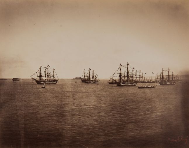 Gustave LE GRAY (French, 1820-1884) "L'escadre française en rade de Cherbourg"*, 5 August 1858 Albumen print from a collodion negative 30.1 x 38.3 cm mounted on 43.0 x 62.3 cm paper Photographer's red signature stamp. Titled "L'escadre française en rade de Cherbourg" in pencil with photographer's oval blindstamp "PHOTOGRAPHIE / GUSTAVE LE GRAY & Cº / PARIS" on mount.