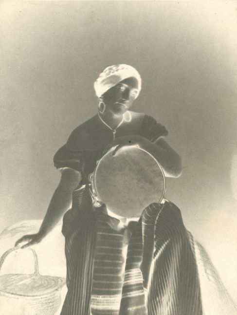 Julien VALLOU DE VILLENEUVE (French, 1795-1866) Young girl with tambourine and basket, circa 1852 Paper negative 16.6 x 12.9 cm on 19.0 x 13.6 cm paper Original retouching and crop marks in graphite