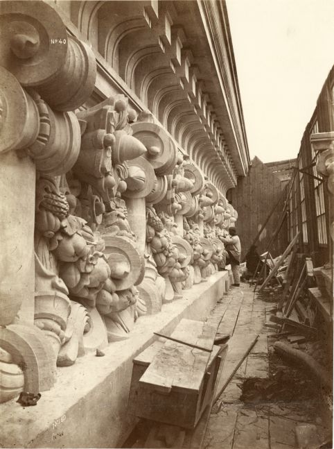Louis-Emile DURANDELLE (French, 1839-1917) Frise et corniche de la scène, from "Le Nouvel Opéra de Paris, Sculpture Ornamentale", 1876 Albumen print from a collodion negative 37.4 x 28.0 cm mounted on 62.5 x 44.6 cm paper Numbered "40" with "Le Nouvel Opera de Paris / Sculpture Ornementale / Ducher et Cie, Editeurs / Durandelle, Photographe." printed on mount