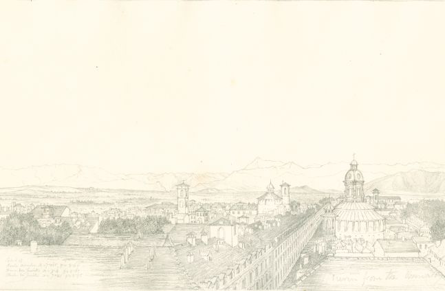 Sir John Frederick William HERSCHEL (English, 1792-1872) "No 351 Turin with the chain of the Alps. From the roof of the Observatory”, 1824 Camera lucida drawing, pencil on paper 20.2 x 31.0 cm on 25.2 x 38.6 cm paper Numbered, signed, dated and titled “No 351 / JFW Herchel del. Cam. Luc. / 1824 / Turin with the chain of the Alps. From the roof of the Observatory.” in ink in border, and “Coord of / Roche Moulon x = 7.065, y = 3.65 / Dome des Jesuites x = 7.4, y = 2.65 / Clocher des Jesuites x = 7.81, y = 2.95 / Turin from the Observatory” in pencil. Inscribed “Turin from Observatory” in pencil on verso