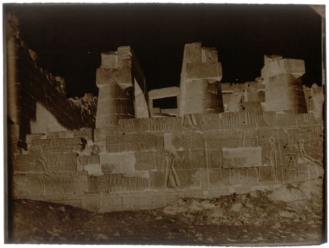 John Beasley GREENE (American, born in France, 1832-1856) Great Hypostyle Hall, outer face, north wall, Karnak, 1854-1855 Waxed paper negative 24.0 x 31.8 cm Watermark "J Whatman"