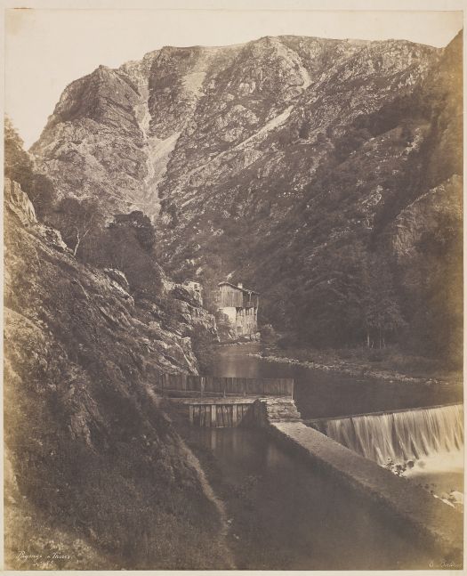 Édouard-Denis BALDUS (French, 1813-1889) "Paysage a Thiers", 1854 Salt print from a paper negative 40.3 x 33.0 cm, ruled in ink, mounted on 54.2 x 38.2 cm paper Signed "E. Baldus.", titled "Paysage a Thiers." and numbered "No 55." in the negative. Titled "Paysage a Thiers" in ink on mount.