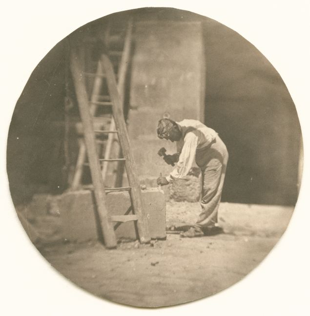Charles NÈGRE (French, 1820-1880) Le tailleur de pierre, summer 1853 Salt print from a collodion on glass negative 9.9 cm tondo Stamped "André Jammes" and inscribed "No 32 / FH 23 / A37" by André Jammes in pencil on verso