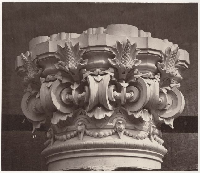 Louis-Emile DURANDELLE (French, 1839-1917) Chapiteau des colonnes supportant la 1re volée du grand escalier, from "Le Nouvel Opéra de Paris, Sculpture Ornementale", 1875 Albumen print from a glass negative 19.9 x 23.3 cm mounted on 44.6 x 63.0 cm paper Inscribed "68" in the negative. Stamped "26" in ink, titled "LE NOUVEL OPÉRA DE PARIS / SCULPTURE ORNEMENTALE" with "DUCHER et Cie, Editeurs. / Durandelle, Photographe." lithographed, on mount.