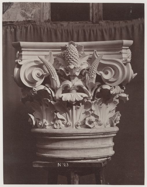 Louis-Emile DURANDELLE (French, 1839-1917) Chapiteau des colonnes des baies de la loggia, Façade principale, from "Le Nouvel Opéra de Paris, Sculpture Ornementale", circa 1870 Albumen print from a collodion negative 27.8 x 21.8 cm mounted on 62.9 x 44.6 cm paper Numbered "No 23" in the negative