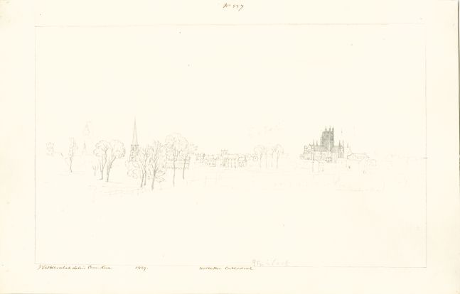 Sir John Frederick William HERSCHEL (English, 1792-1872) "No 557 Worcester Cathedral”, 1829 Camera lucida drawing, pencil on paper 20.2 x 32.2 cm on 24.4 x 38.5 cm paper Watermark “J Whatman Turkey Mill”. Numbered, signed, dated and titled “No 557 / JFW Herschel delin Cam. Luc. / 1829 / Worcester Cathedral” in ink in border. Titled “Worcester” in pencil on verso.