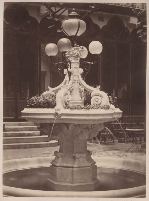 Louis-Emile DURANDELLE (French, 1839-1917) Fountain, Restaurant Bonvalet, Paris, 1874 Albumen print from a collodion negative 38.3 x 28.3 cm mounted on 53.8 x 42.9 cm paper "Delmaet & Durandelle" blindstamp, inscribed "(1874) Fontaine executée dans le restaurant Bonvalet sur le boulevard du Temple Bloche sculpteur" in ink, and unknown signature in pencil, on mount
