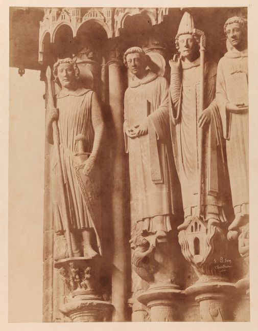 Henri LE SECQ (French, 1818-1882) South porch, left portal, left jamb with saints, Chartres Cathedral, 1852 Coated salt print from a paper negative 48.6 x 37.2 cm mounted on 59.8 x 46.1 cm card Signed and titled "h. Le Secq. / Chartres." in the negative