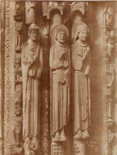 Henri LE SECQ (French, 1818-1882) Right portal, left jamb with Old Testament figures, Chartres Cathedral, 1852 Coated salt print from a waxed paper negative 46.5 x 35.2 cm mounted on 59.5 x 46.2 cm card Signed and titled "h. Le Secq. / Chartres." in the negative