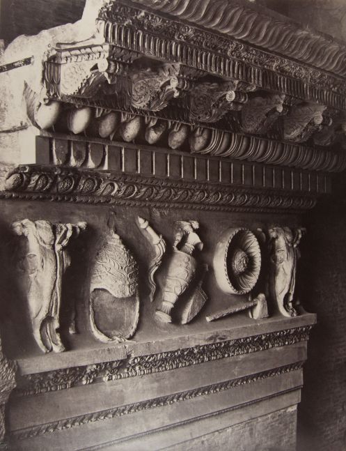 Louis-Auguste & Auguste-Rosalie BISSON (BISSON FRÈRES) (French, 1814-1876 & 1826-1900) Entablature fragment, Temple of Vespasian, Rome, circa 1857 Coated salt or albumen print from a glass negative 44.4 x 34.6 cm mounted on 70.9 x 54.8 cm paper Bisson Frères blindstamp. Signature stamp in red ink, and inscribed "226 - Détail provenant du Temple de Vespasien Entablement" in pencil, on mount.