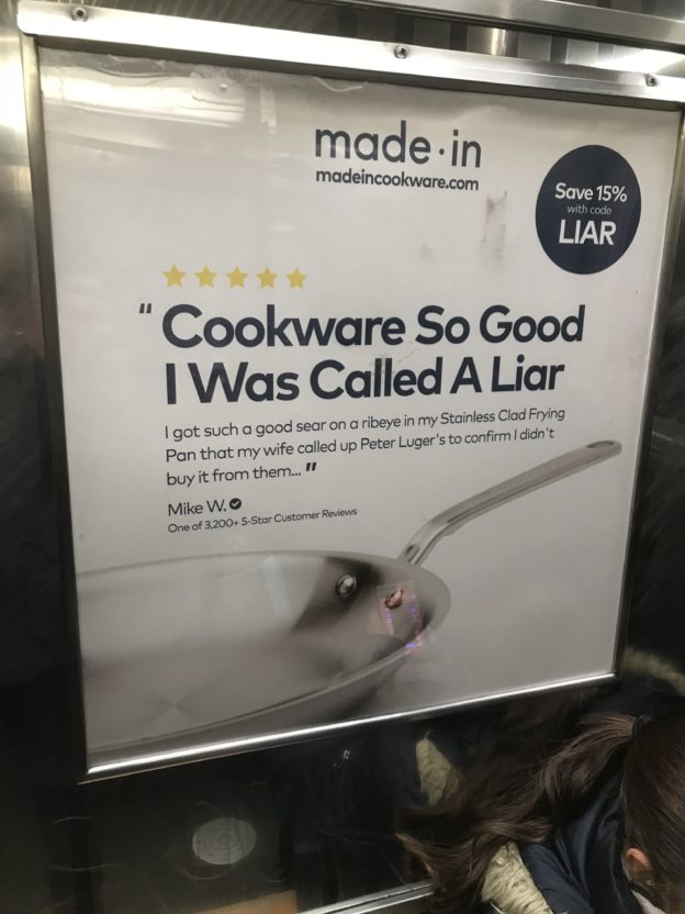 Subway ad for cookware, quoting a 5 star review saying "Cookware So Good I Was Called a Liar."