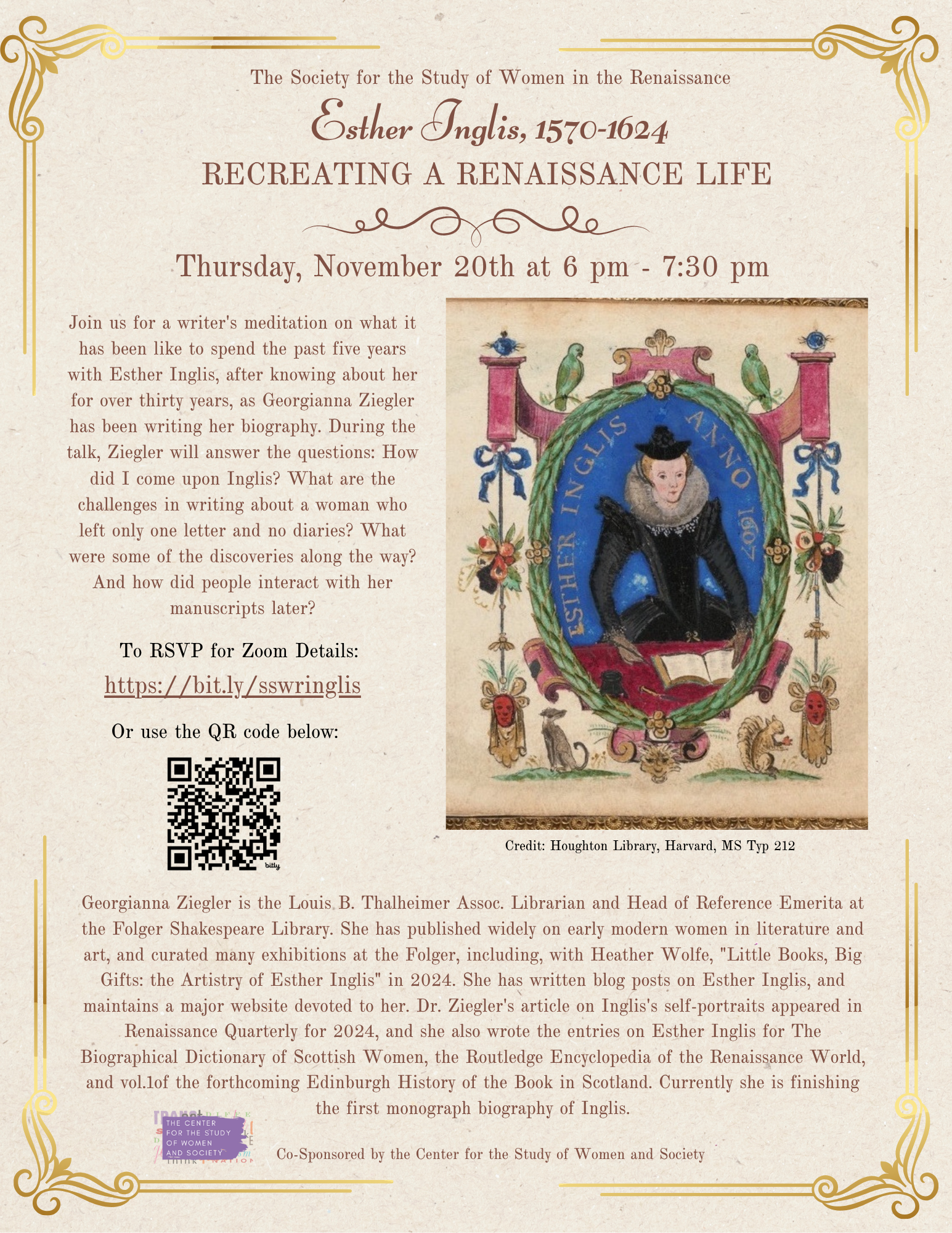 November 20th SSWR Event - Georgianna Ziegler on Esther Inglis, 1570-1624