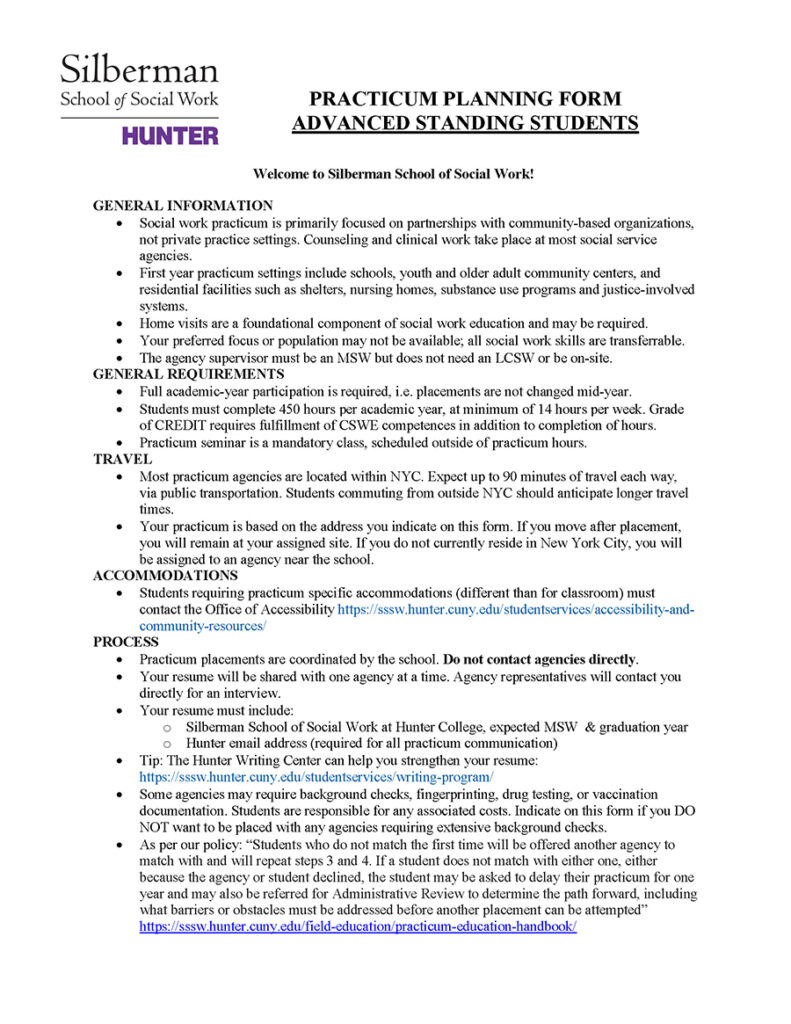 Practicum Planning Form: Advanced Standing Students