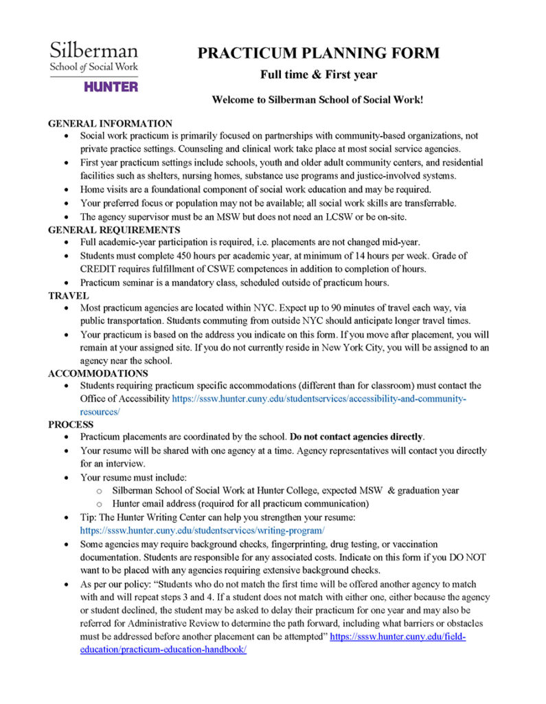 Practicum Planning Form: Full Time & First Year Students