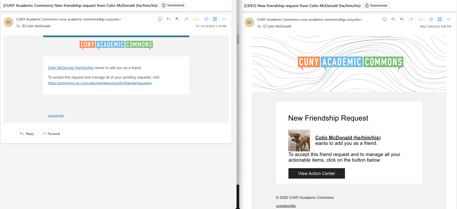 old and new friendship request email designs side by side