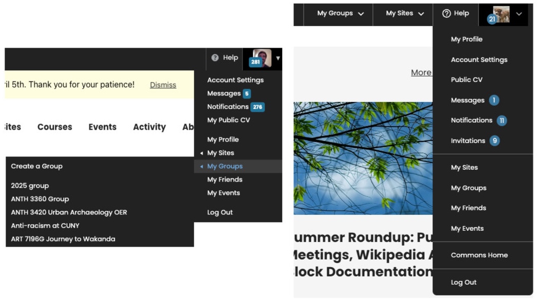 side by side comparison of admin bar flyout menu and new consolidated menu