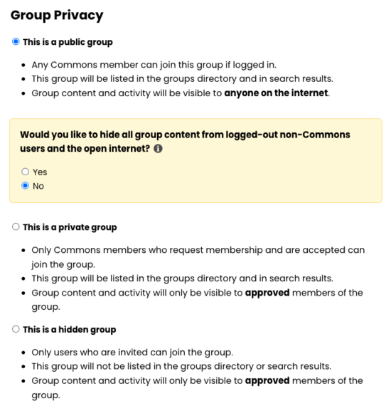 screenshot of group privacy options with new panel for semi-public additional option