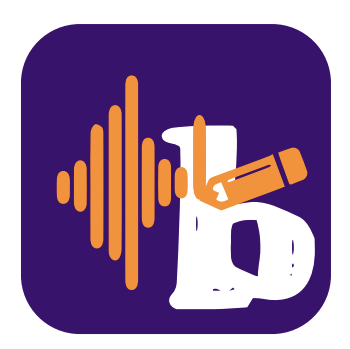 Purple logo with a white b letter and a sound frequency in orange