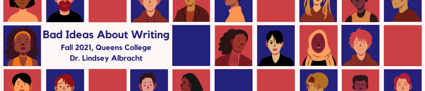 Animated people appear in small boxes that make it look like a Zoom screen. The text says "Bad Ideas About Writing, Fall 2021, Queens College, Dr. Lindsey Albracht" on the left, and "A fully online first-year composition class that investigates what Writing Studies research says about how we write, read, learn, and language." on the right.