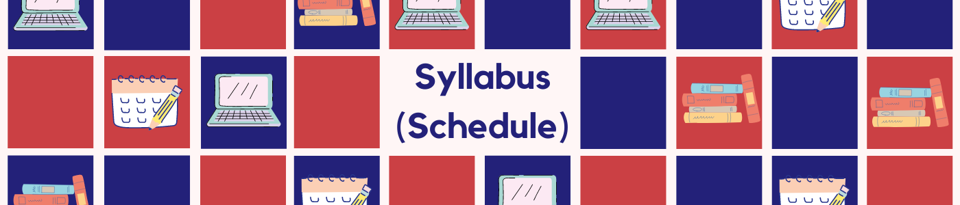 The words "Syllabus (Schedule" appear against a red and purple checkerboard filled with books, computers, and calendars.
