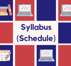 The words "Syllabus (Schedule" appear against a red and purple checkerboard filled with books, computers, and calendars.