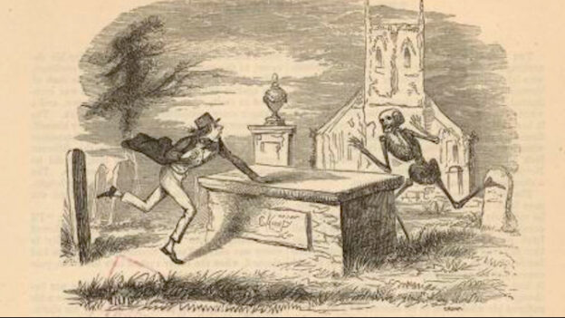 Cartoon of man chasing skeleton.