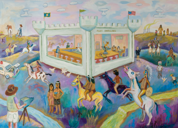 Figure 2. Attack on Fort Snelling Bar and Grill, Jim Denomie, 2007, oil on canvas, 35” x 49.25”, Weisman Art Museum