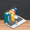 A laptop opens to a row of books and a tiny person is pulling a book out of the screen.