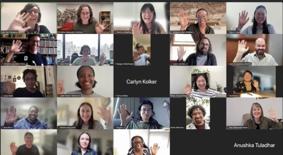 People on zoom smile and wave at the camera