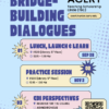 Flyer titled “Bridgebuilding Dialogues” from ACERT. The flyer promotes a Lunch, Launch & Learn Practice Session and Teaching Scholarship Circle focused on bridgebuilding dialogue and inclusive teaching practices. The schedule includes an asynchronous component beginning September 28 and an in-person session on November 2 from 12:15 p.m. to 1:30 p.m. in Room E530 on the fifth floor of the Hunter College Library. The flyer includes ACERT branding, the website acert.hunter.cuny.edu, and a QR code with registration information.