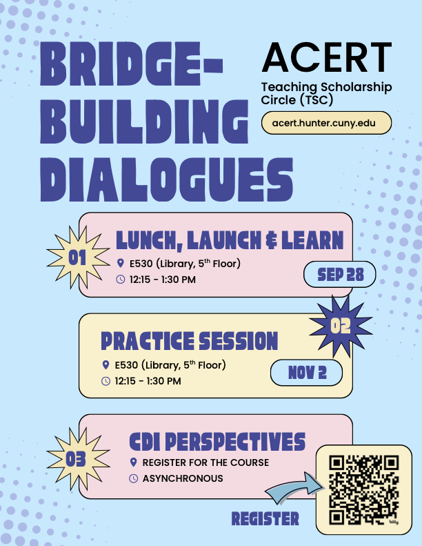 Flyer titled “Bridgebuilding Dialogues” from ACERT. The flyer promotes a Lunch, Launch & Learn Practice Session and Teaching Scholarship Circle focused on bridgebuilding dialogue and inclusive teaching practices. The schedule includes an asynchronous component beginning September 28 and an in-person session on November 2 from 12:15 p.m. to 1:30 p.m. in Room E530 on the fifth floor of the Hunter College Library. The flyer includes ACERT branding, the website acert.hunter.cuny.edu, and a QR code with registration information.
