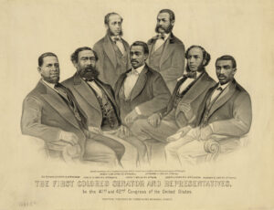 Historical 1872 print of the first Black U.S. Senators and Representatives during the Reconstruction era.