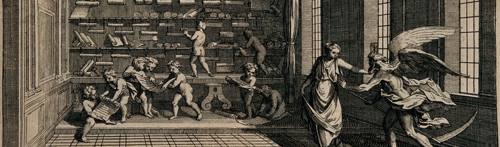 Etching of angelic figures saving manuscripts.