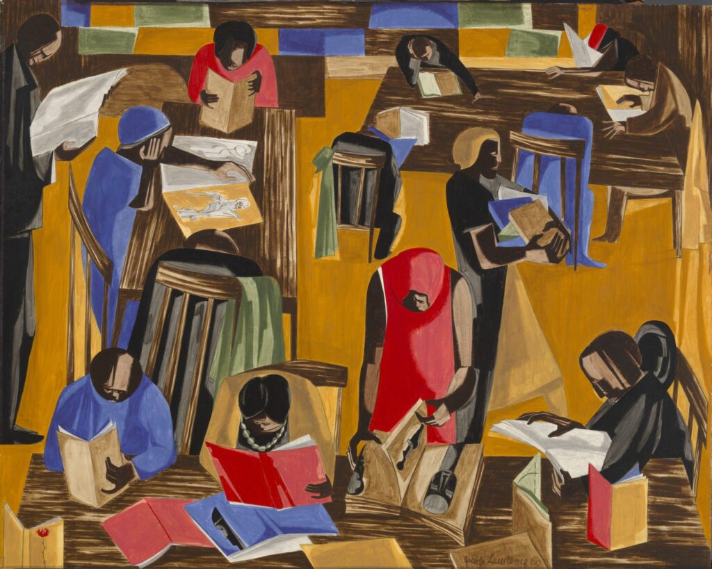 Colorful painting of people in a library