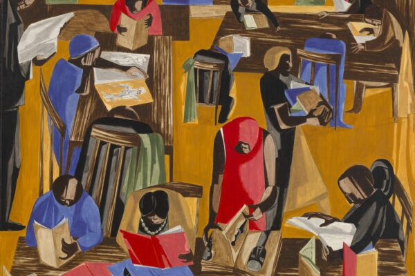 Colorful painting of people in a library