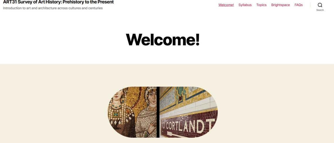 screenshot of the first page of ART31 course website with a headline "Welcome!" and an image of mosaic art