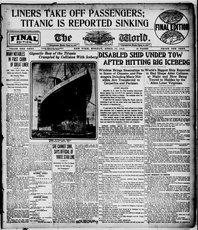 The World Front Page - 12 April 1912