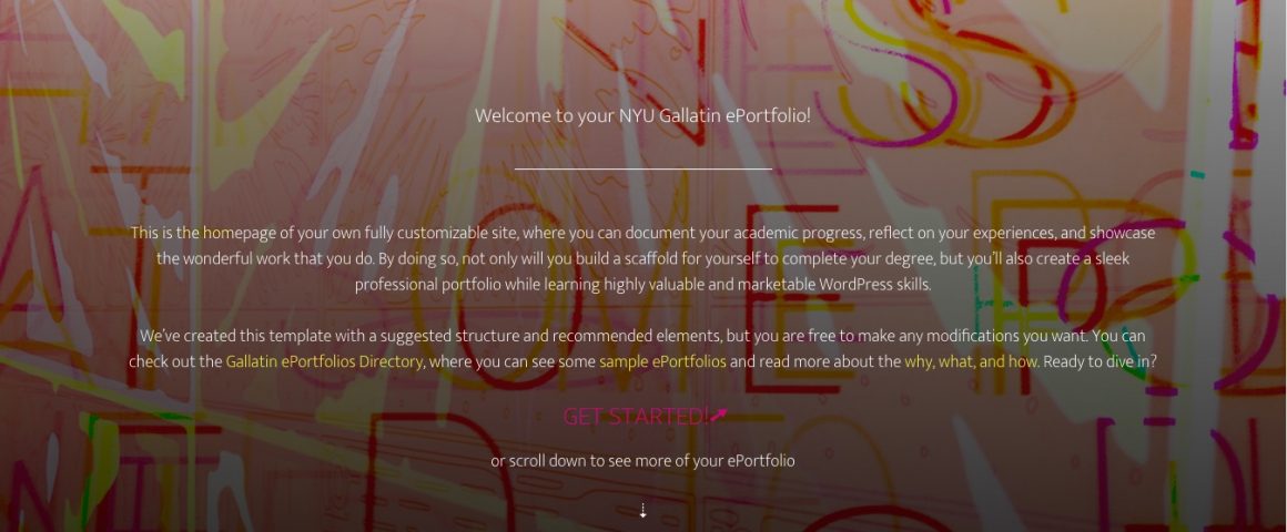 Screenshot of Gallatin ePortfolio template, displaying the main navigational elements and the homepage welcome message.