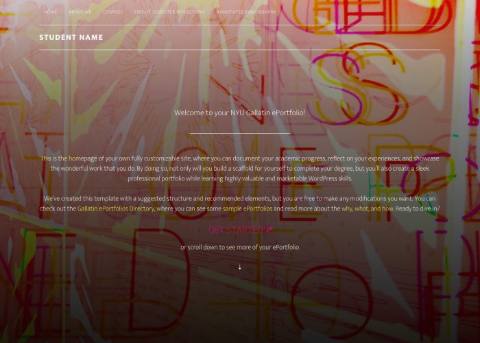 Screenshot of Gallatin ePortfolio template, displaying the main navigational elements and the homepage welcome message.